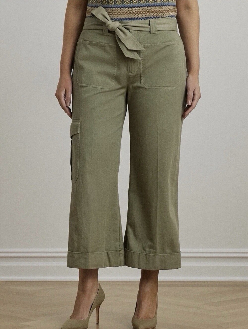 NWT Lauren Ralph Lauren Green Wide-Leg Cargo Pants Size 12 Removable Belted $185